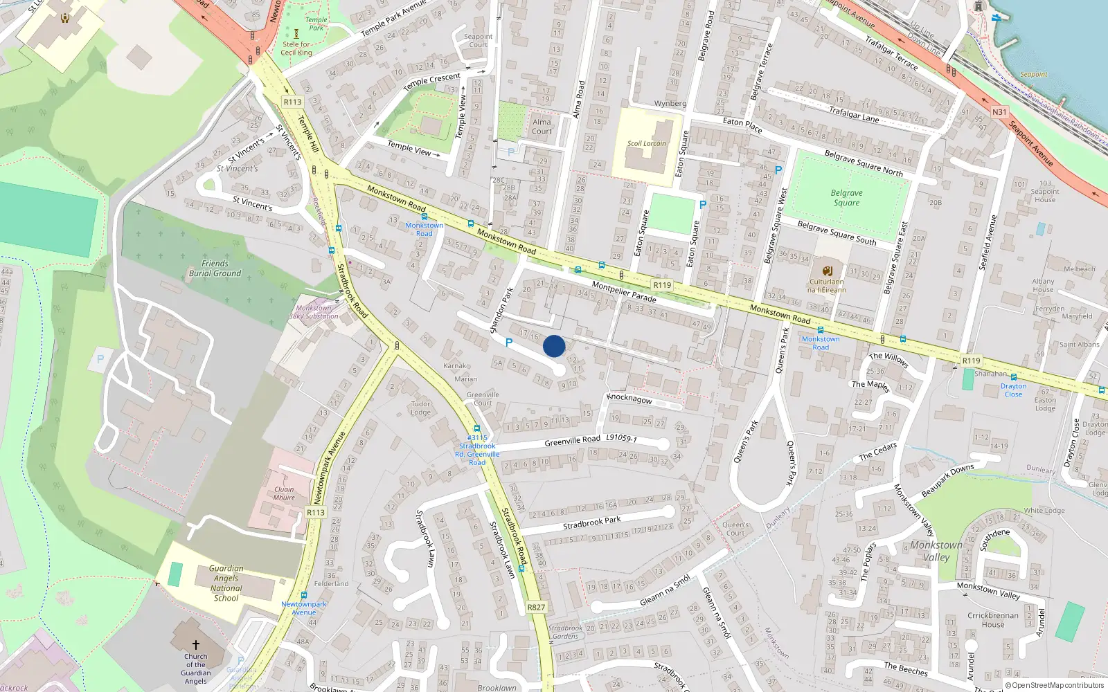 Overhead map showing the location of 14 Park Avenue, Blackrock, Co Dublin