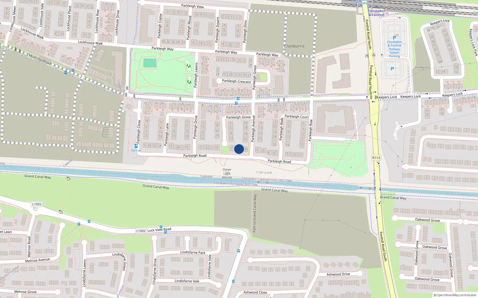 Overhead map showing the location of 14 Parkleigh Road, Dublin 22