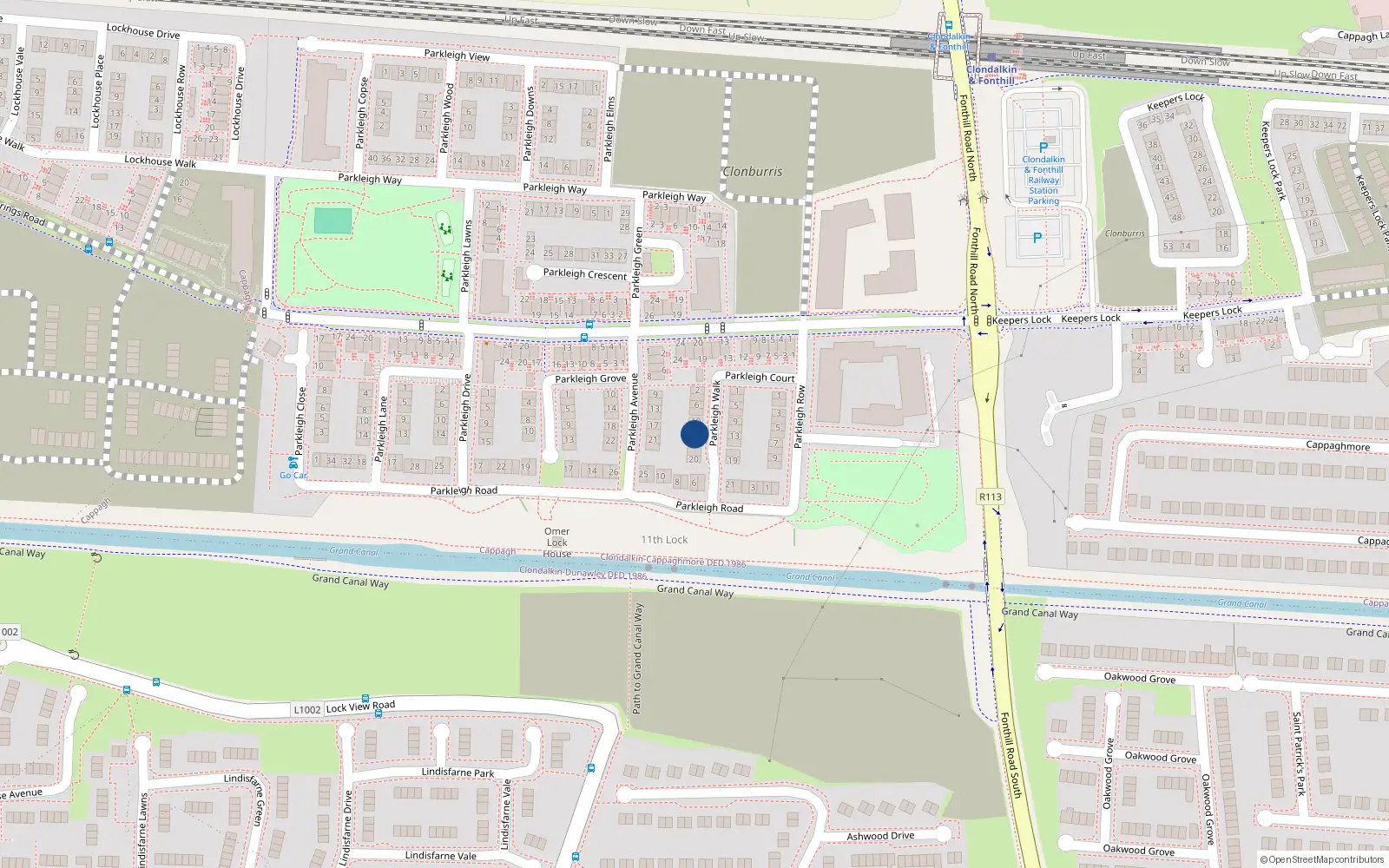 Overhead map showing the location of 14 Parkleigh Walk, Dublin 22