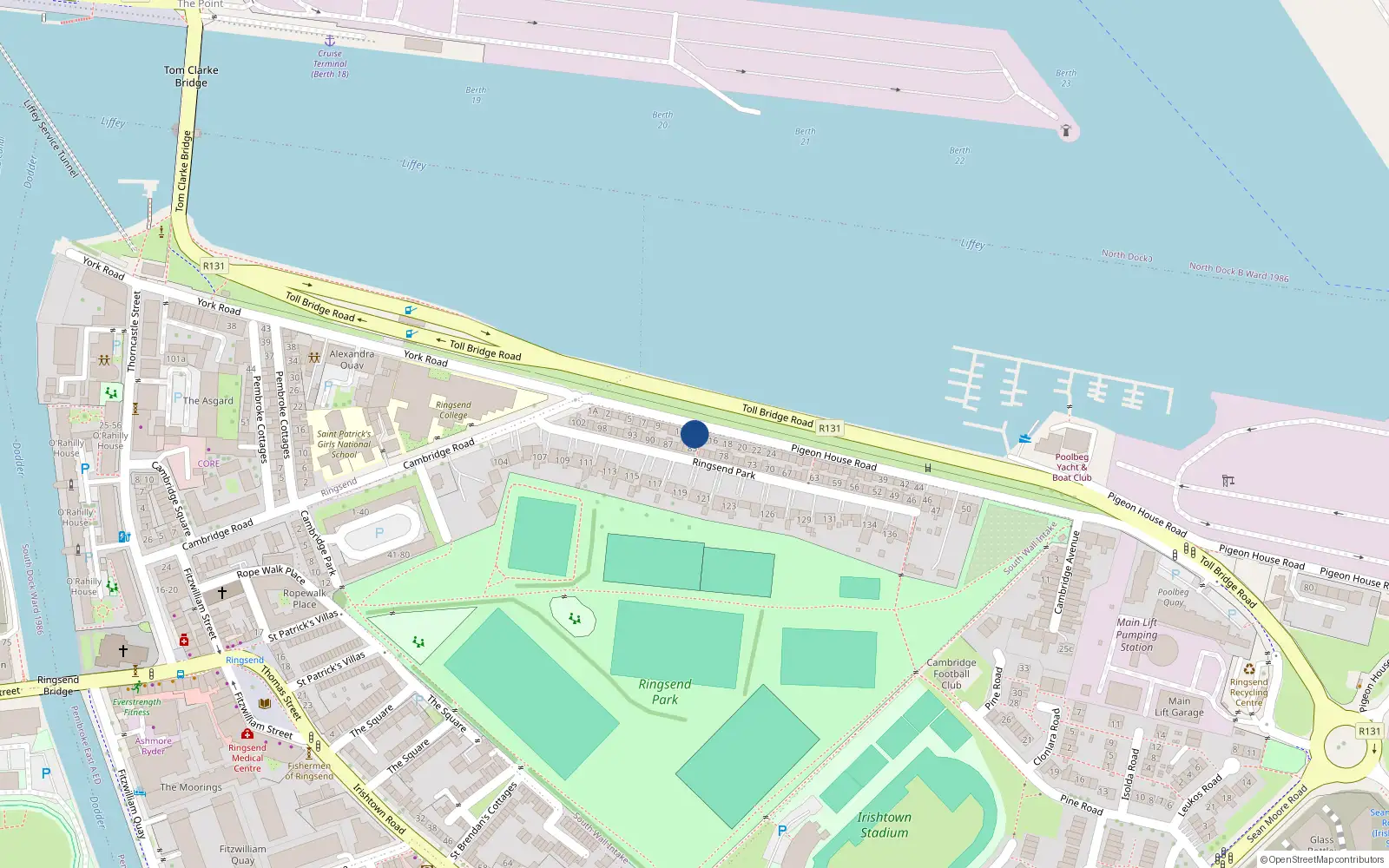 Overhead map showing the location of 14 Pigeon House Road, Dublin 4