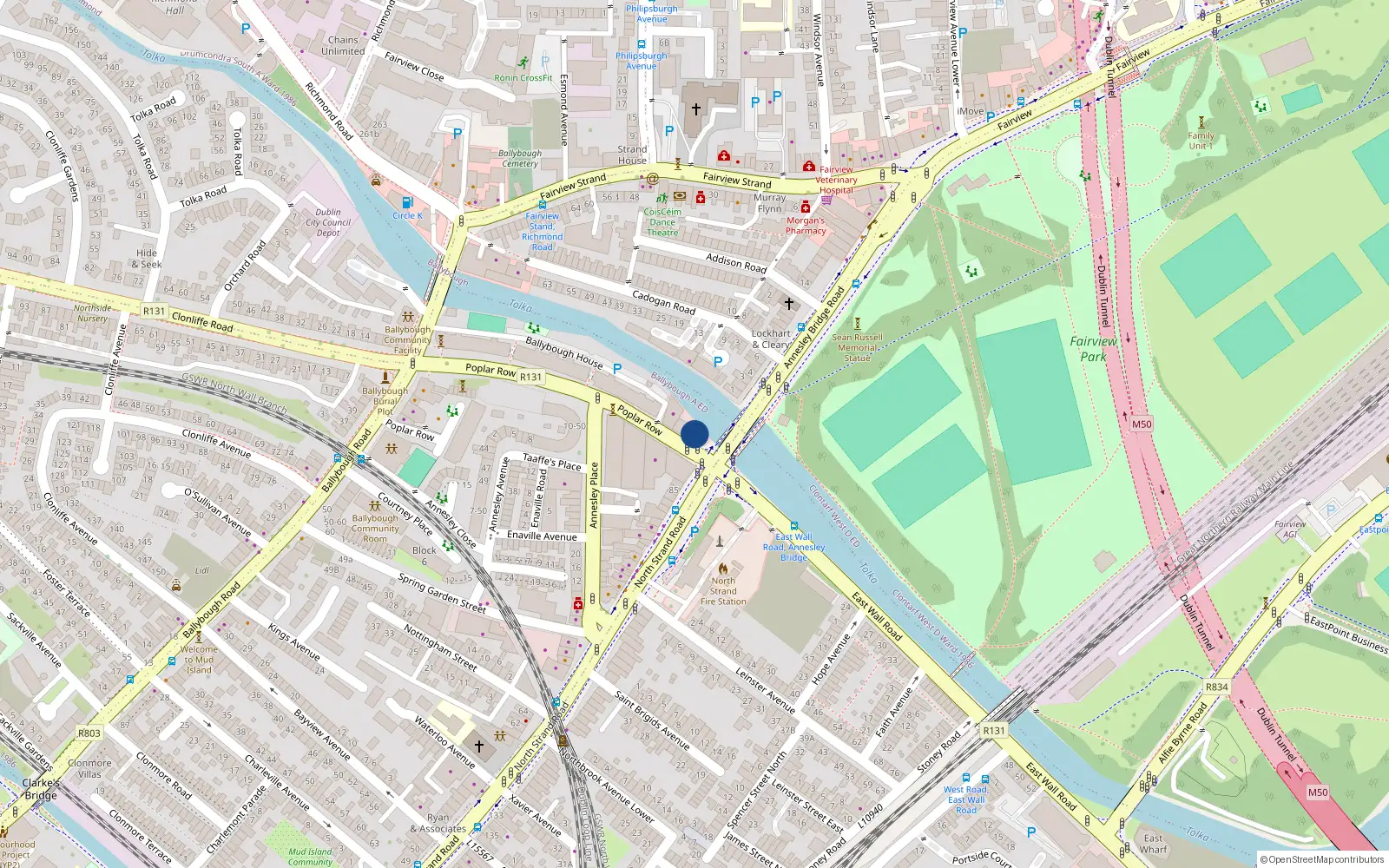 Overhead map showing the location of 14 Populare Row, Fairview, Dublin 3