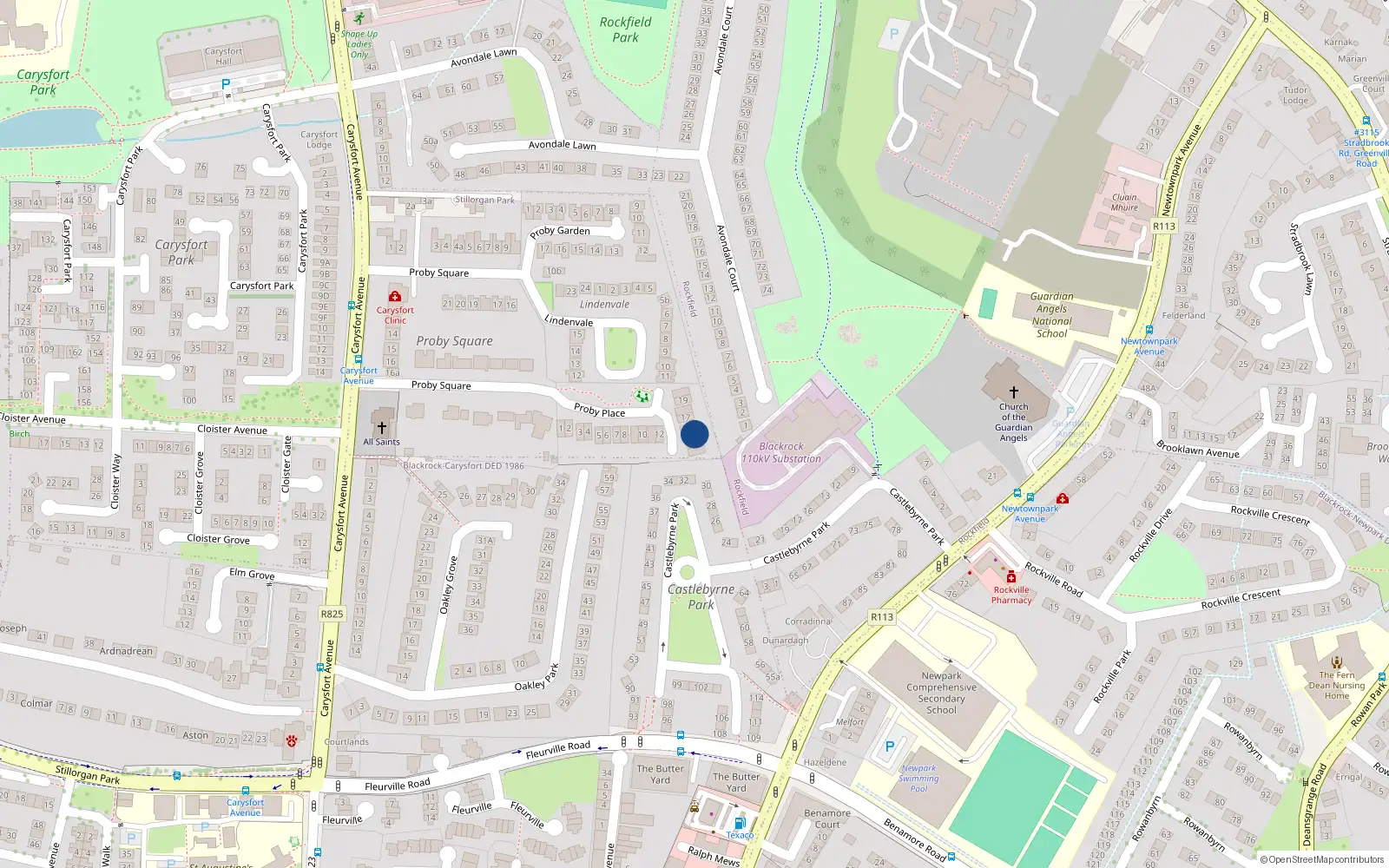 Overhead map showing the location of 14 Proby Place, Blackrock