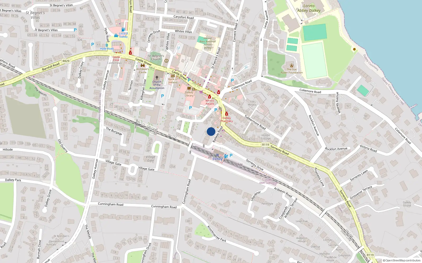 Overhead map showing the location of 14 Railway Road, Dalkey, Dublin