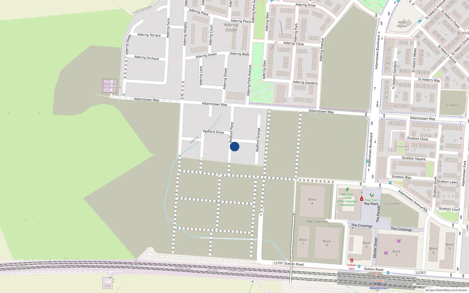 Overhead map showing the location of 14 Redford Place, Lucan