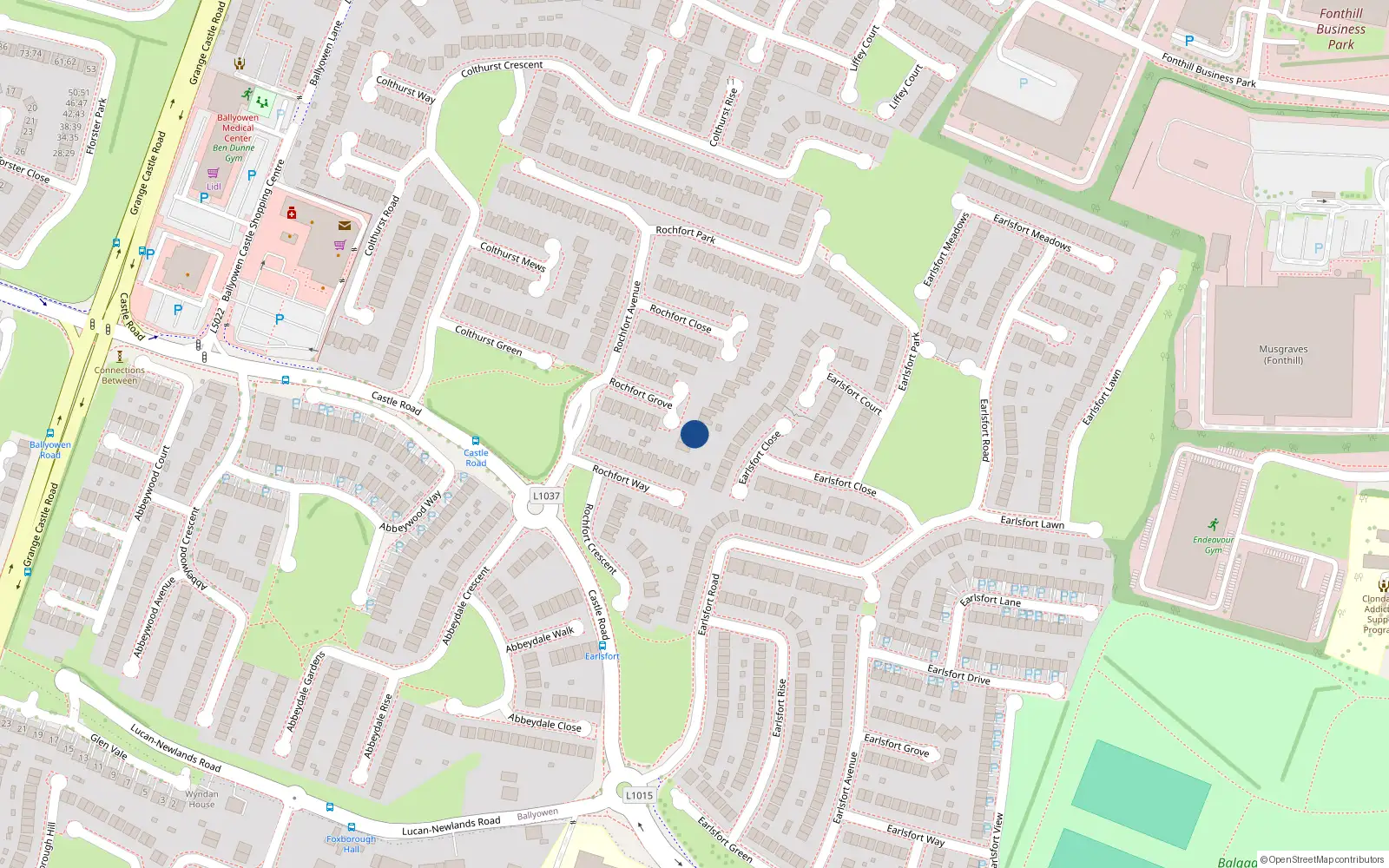 Overhead map showing the location of 14 Rochfort Grove, Lucan