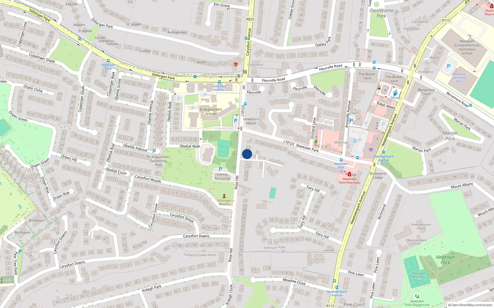 Overhead map showing the location of 14 Rosehill, Carysfort Avenue, Blackrock