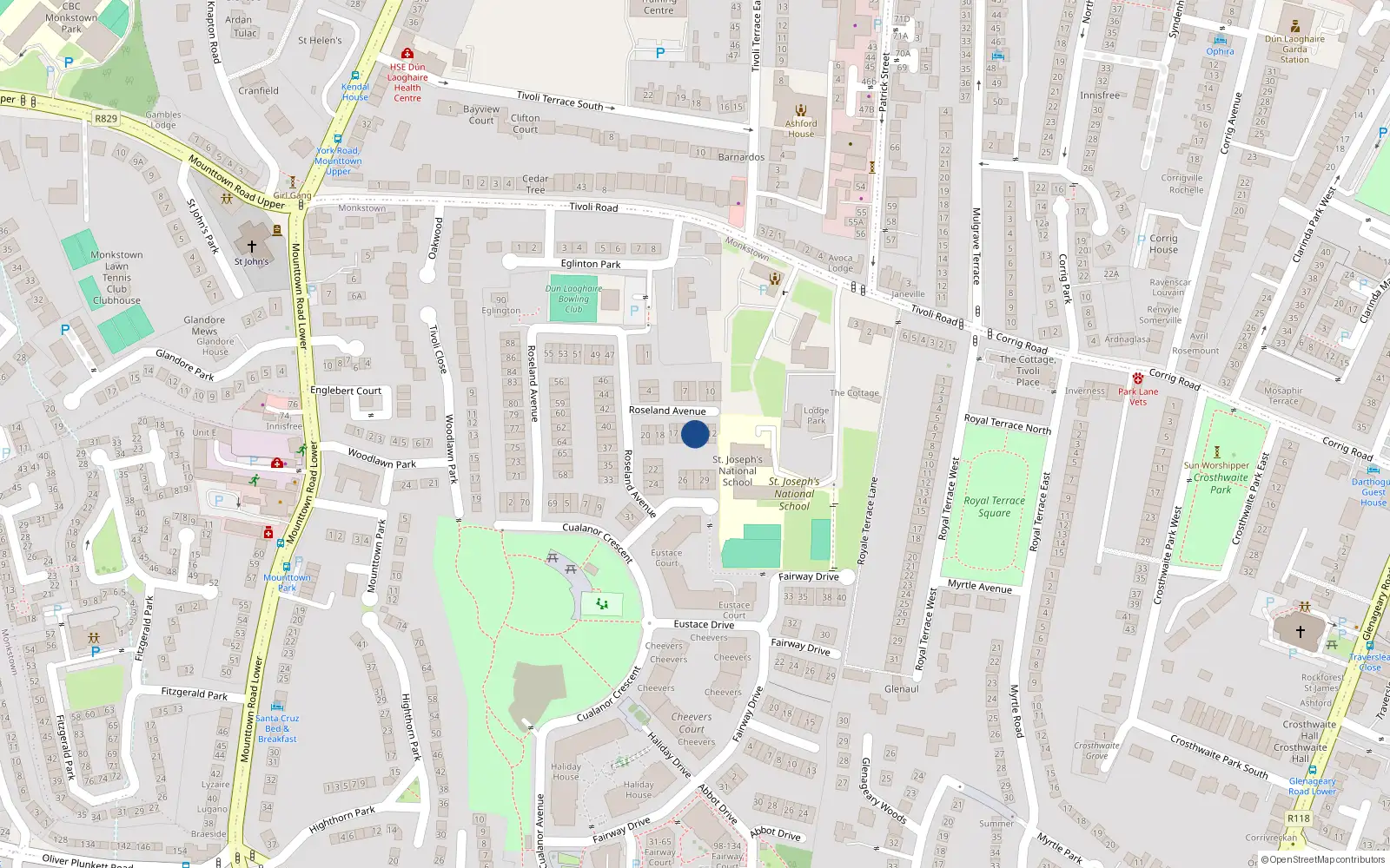 Overhead map showing the location of 14 Roseland Avenue, Dun Laoghaire