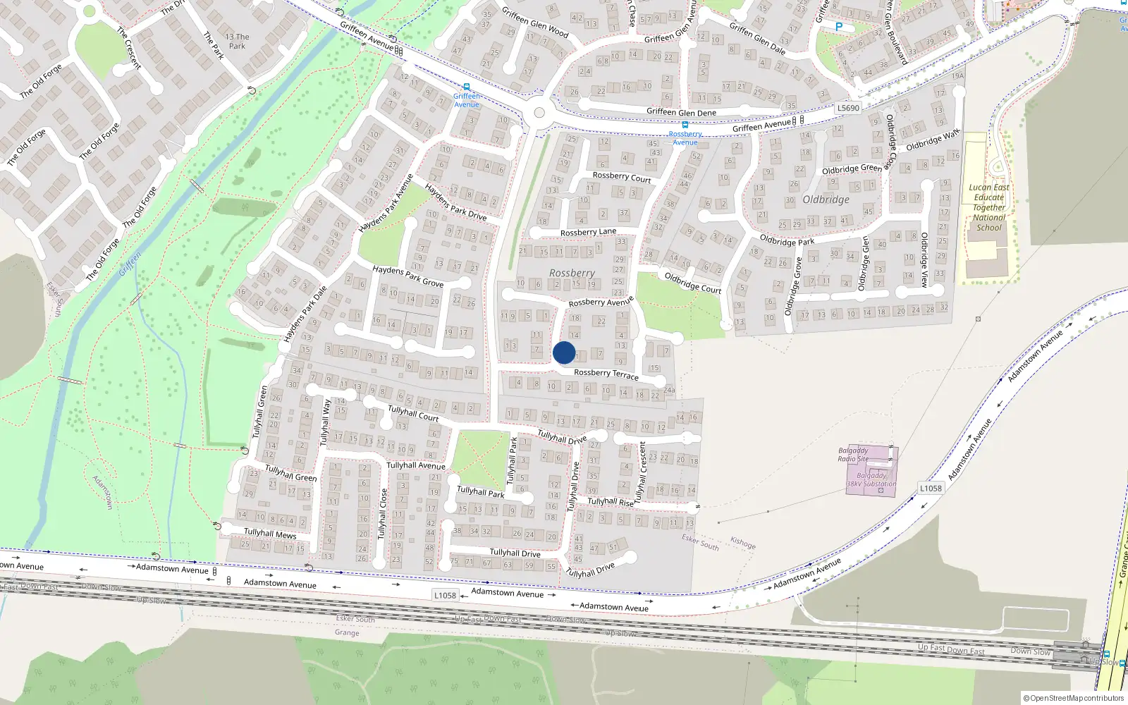 Overhead map showing the location of 14 Rossberry Avenue, Lucan, Dublin