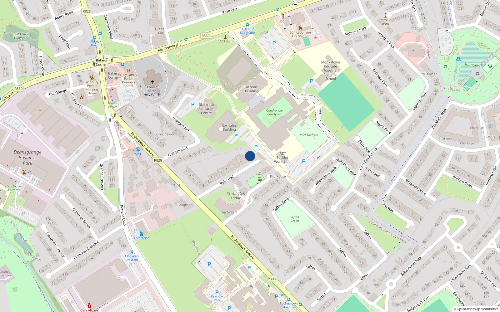 Overhead map showing the location of 14 Ruby Hall, Rochestown Avenue, Dun Laoghaire