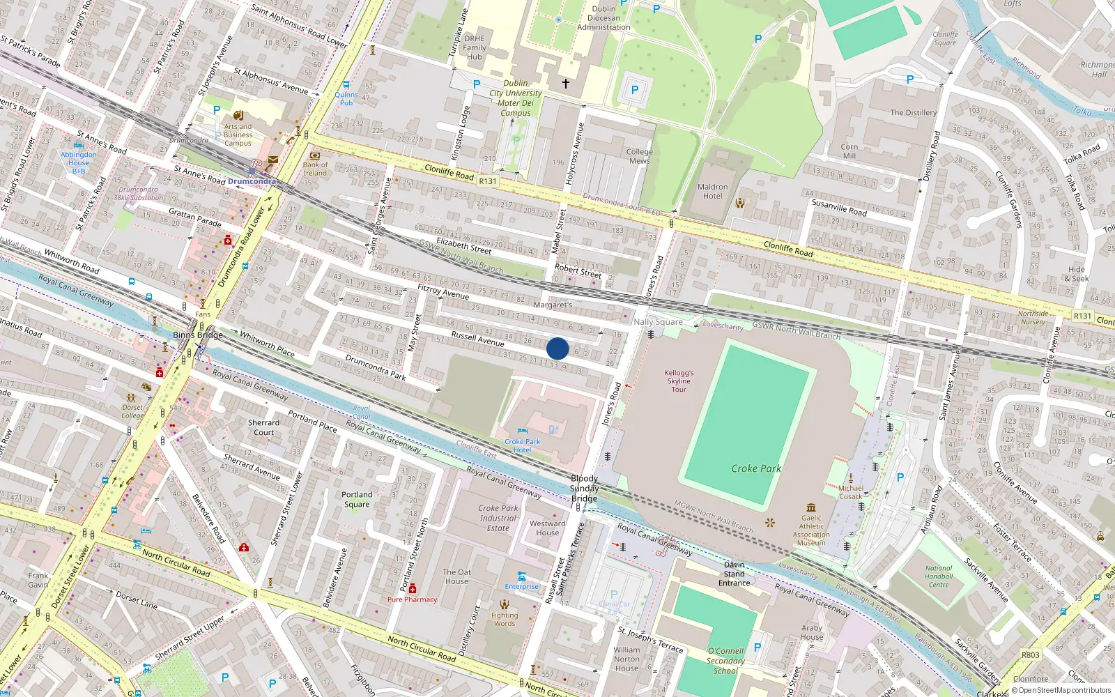 Overhead map showing the location of 14 Russell Avenue, Drumcondra, Dublin 3