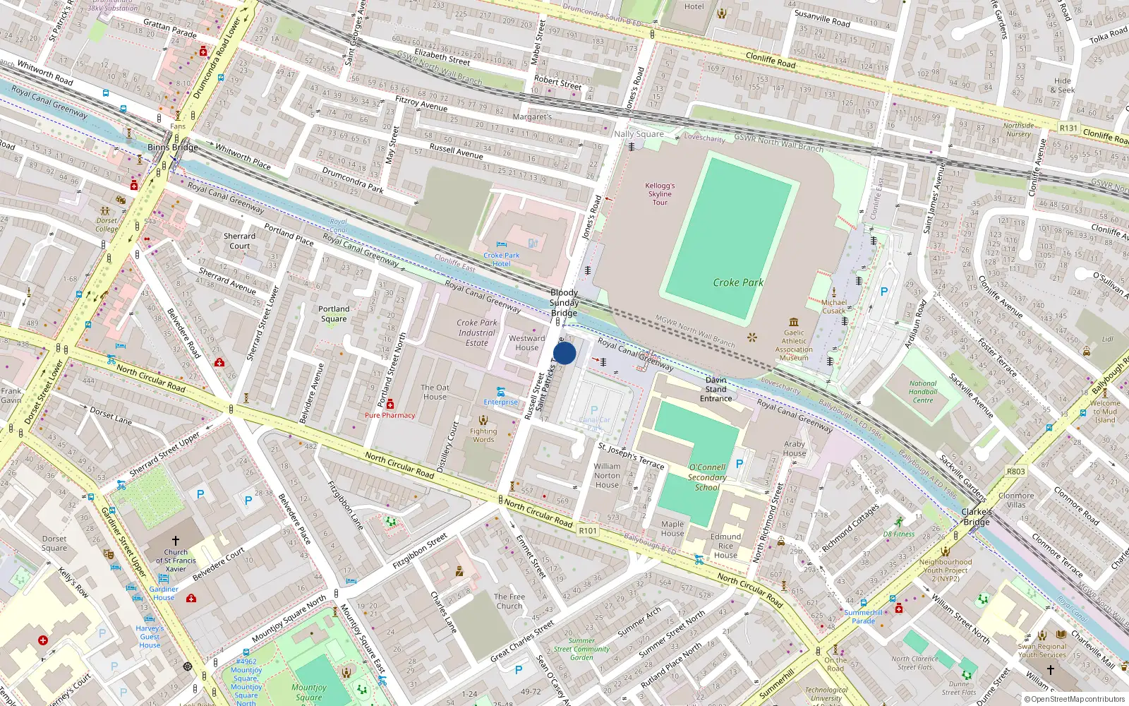 Overhead map showing the location of 14 Russell Street, Dublin 1