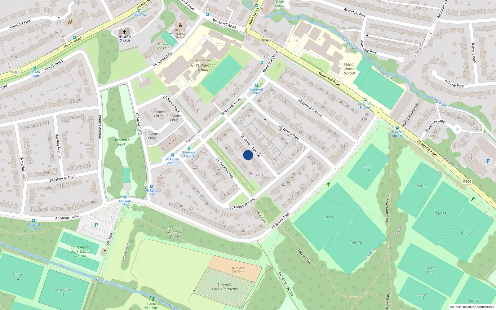 Overhead map showing the location of 14 Saint Anne's Terrace, Dublin 5