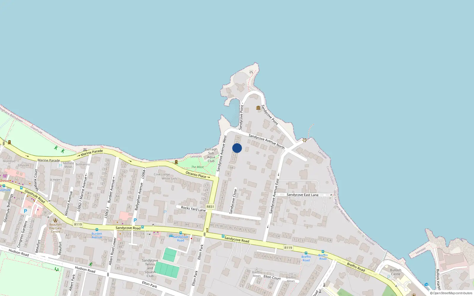 Overhead map showing the location of 14 Sandycove Avenue West, County Dublin