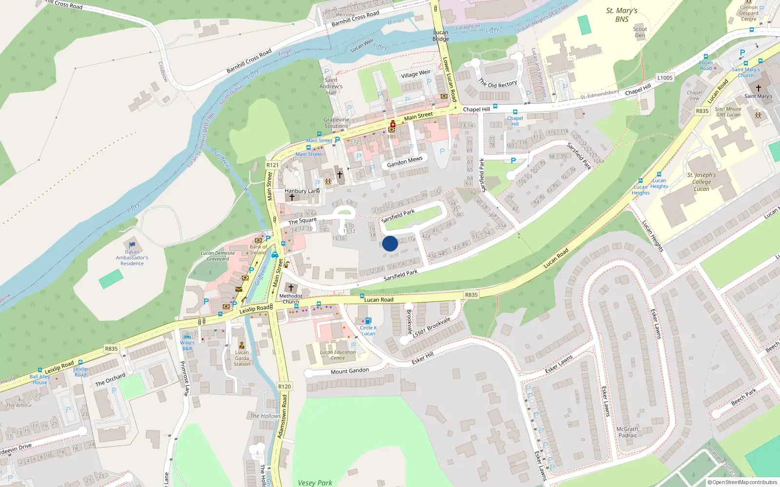 Overhead map showing the location of 14 Sarsfield Park, Lucan, Dublin