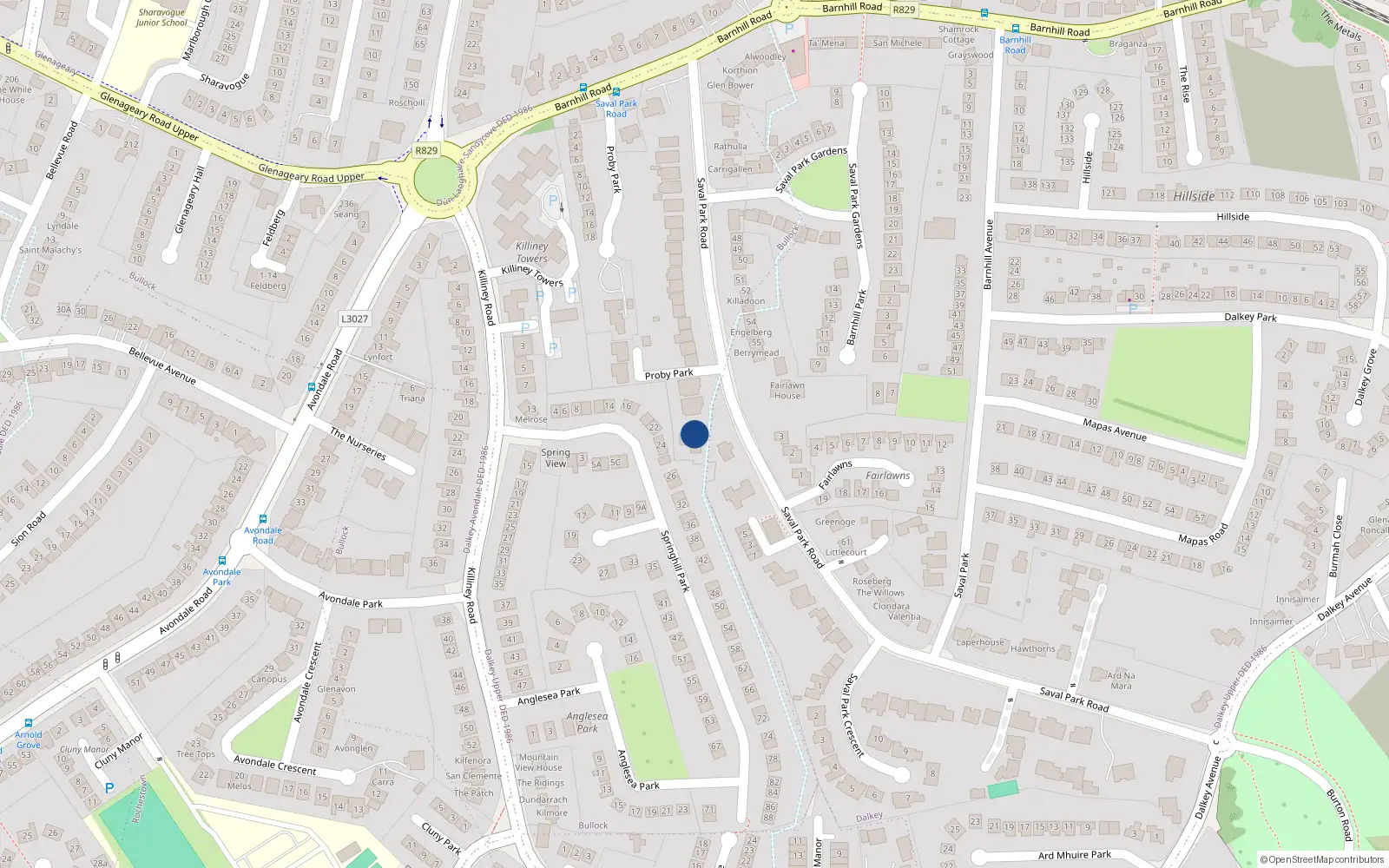 Overhead map showing the location of 14 Saval Park Road, Dalkey, Dublin
