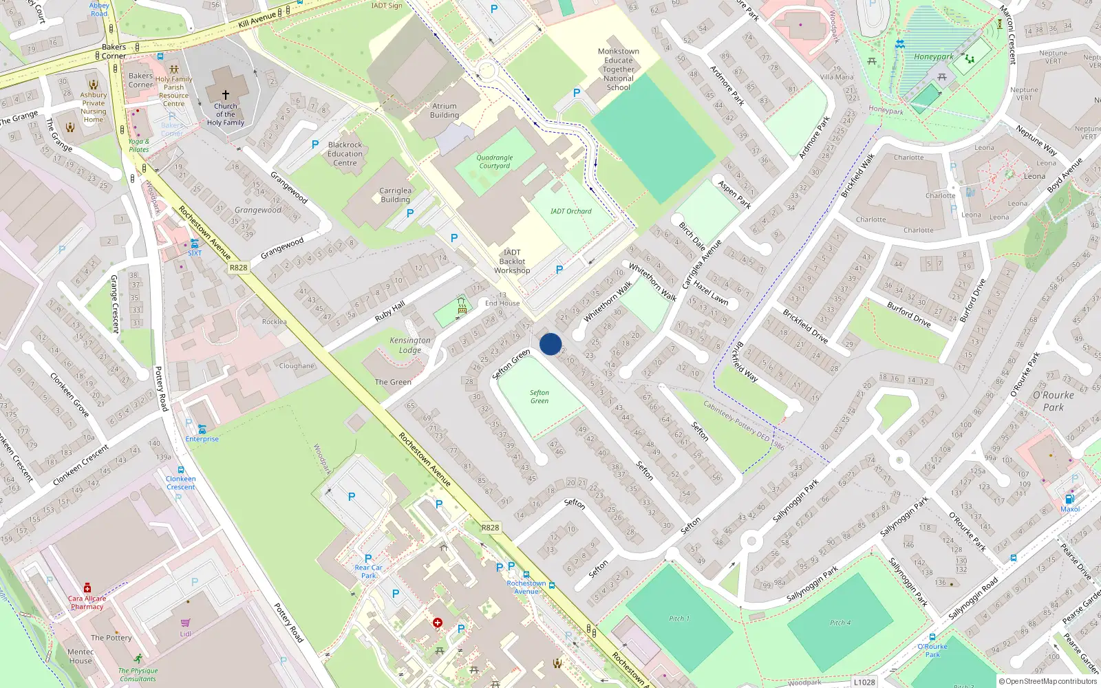 Overhead map showing the location of 14 Sefton Green, Rochestown Avenue, Dun Laoghaire