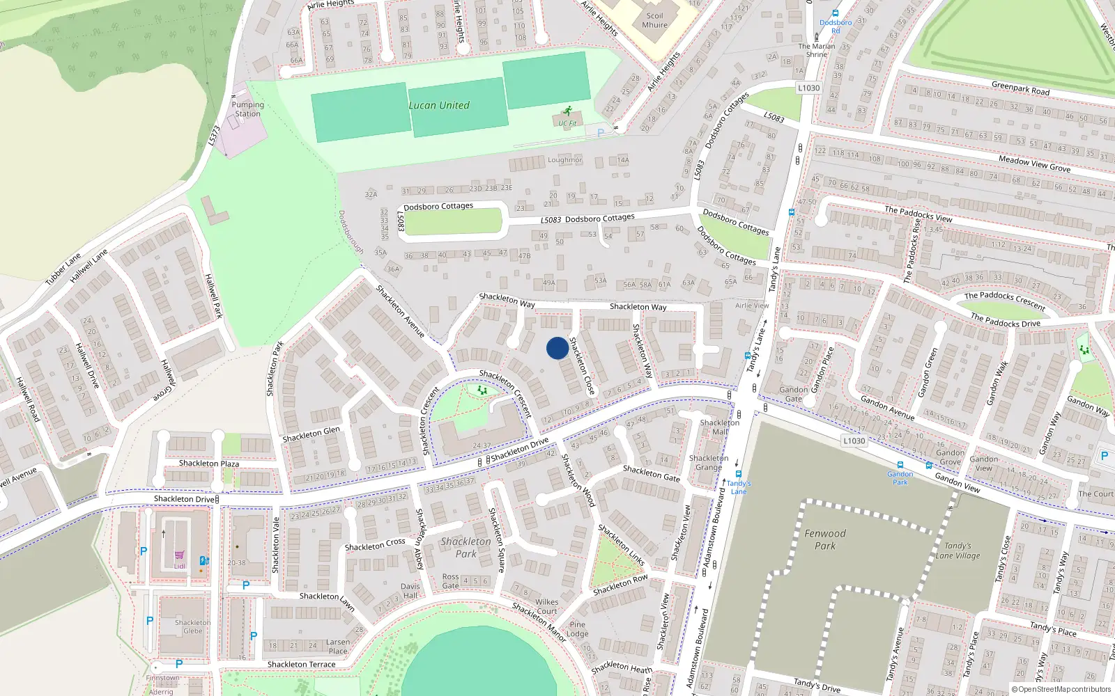 Overhead map showing the location of 14 Shackleton Close, Shackleton Park, Lucan