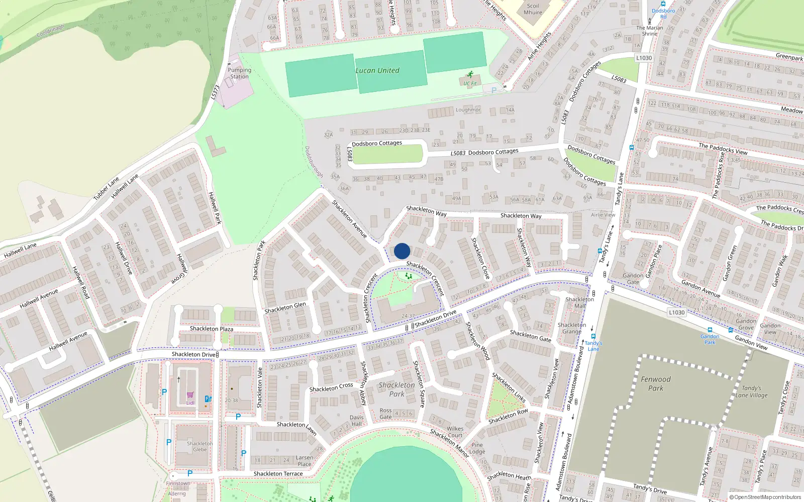 Overhead map showing the location of 14 Shackleton Crescent, Lucan