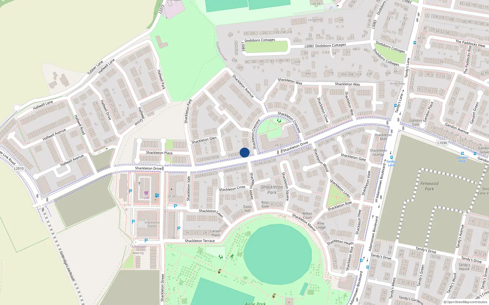 Overhead map showing the location of 14 Shackleton Drive, Lucan