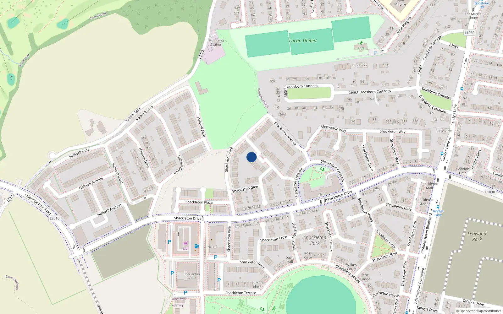Overhead map showing the location of 14 Shackleton Grove, Lucan