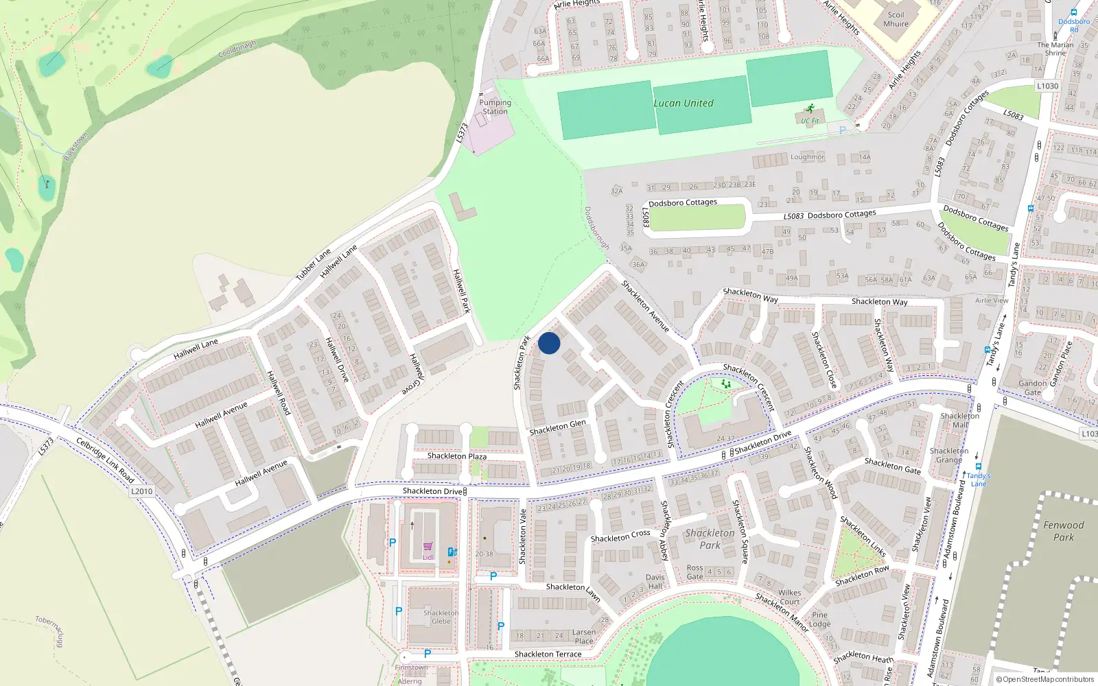 Overhead map showing the location of 14 Shackleton Park, Lucan