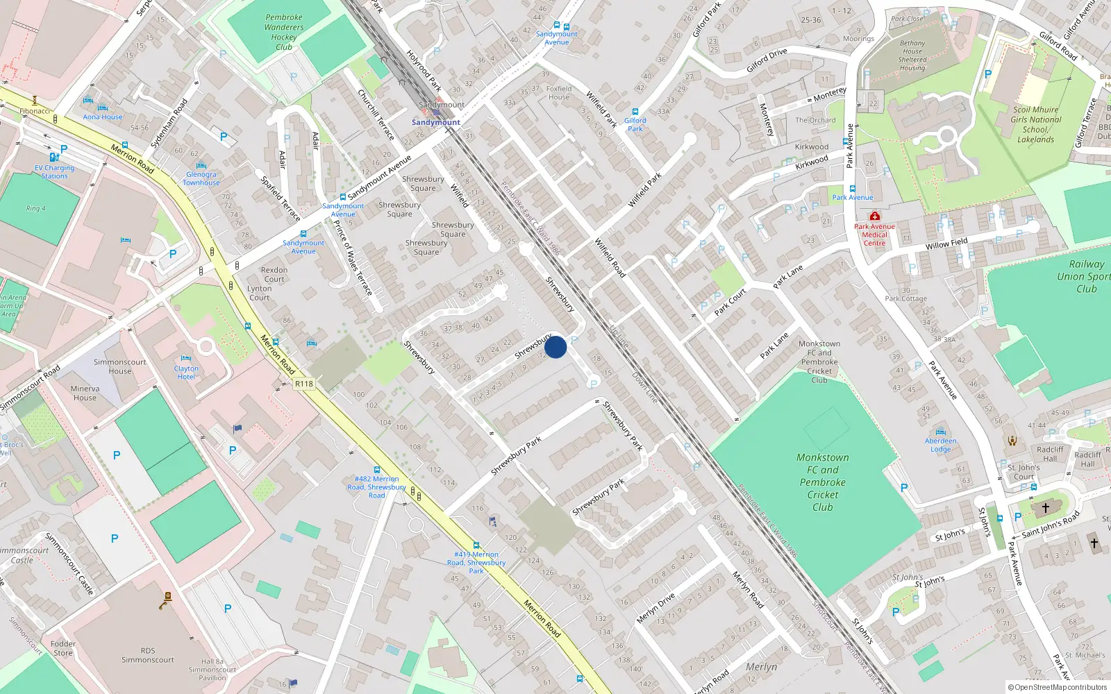 Overhead map showing the location of 14 Shrewsbury, Ballsbridge