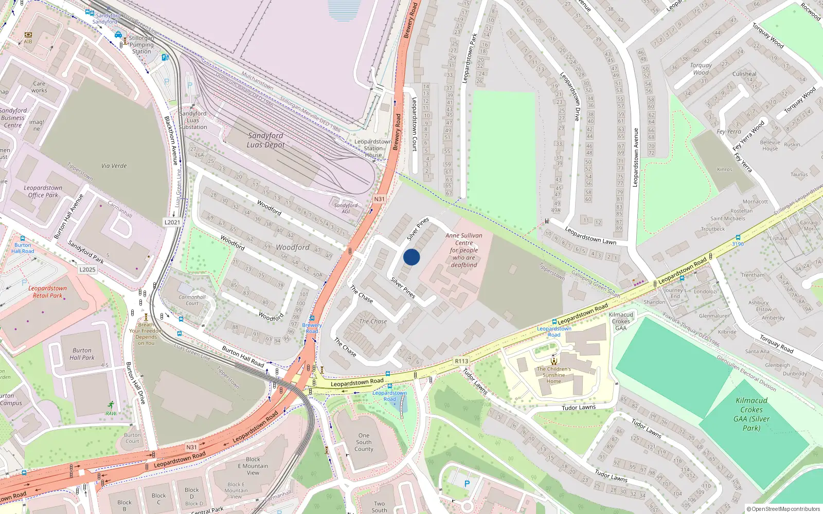 Overhead map showing the location of 14 Silver Pines, Brewery Road, Leopardstown