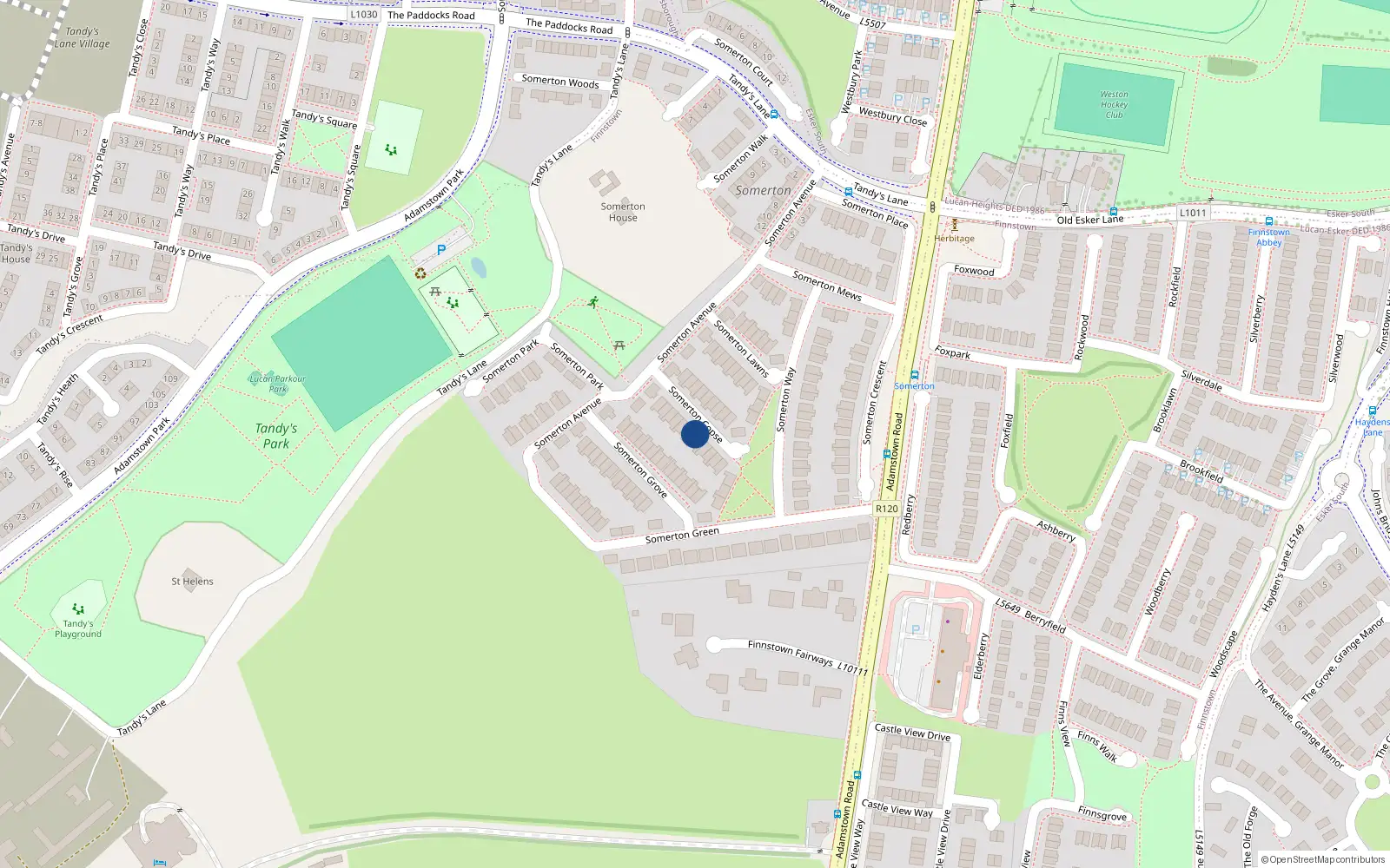 Overhead map showing the location of 14 Somerton Copse, Finnstown