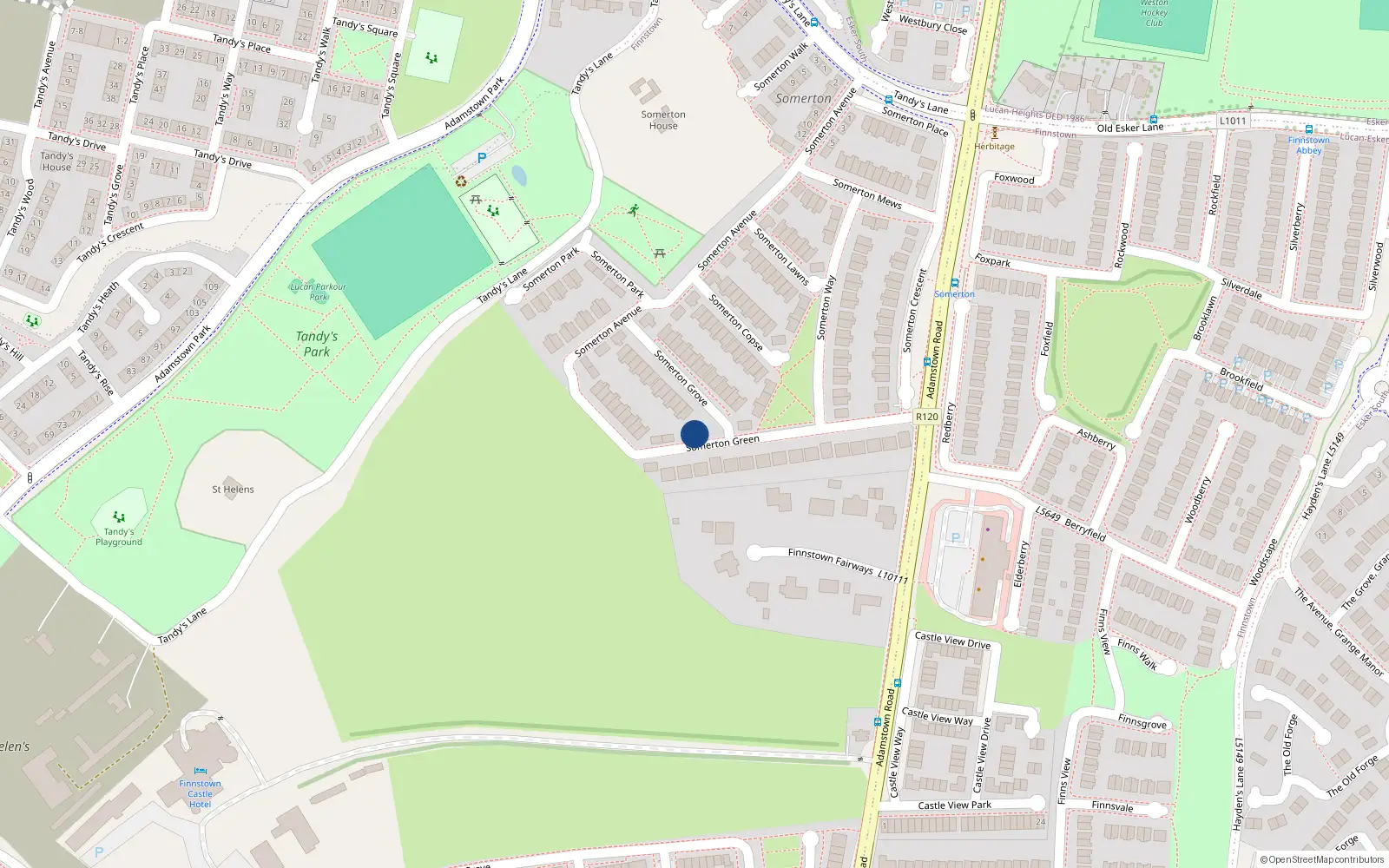 Overhead map showing the location of 14 Somerton Green, Finnstown
