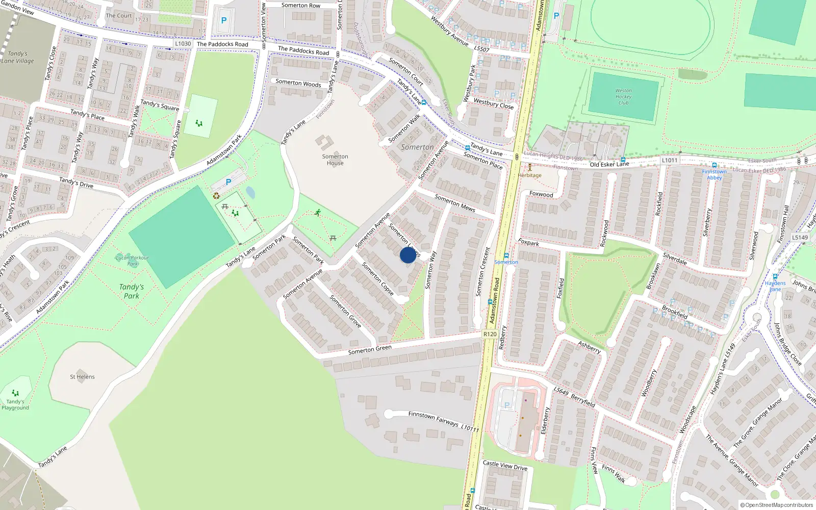 Overhead map showing the location of 14 Somerton Lawns, Finnstown