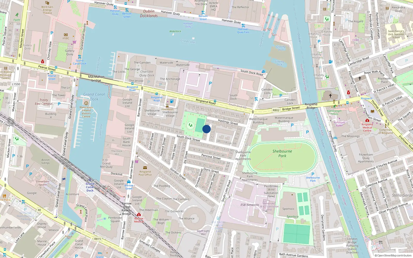 Overhead map showing the location of 14 South Dock Place, Dublin