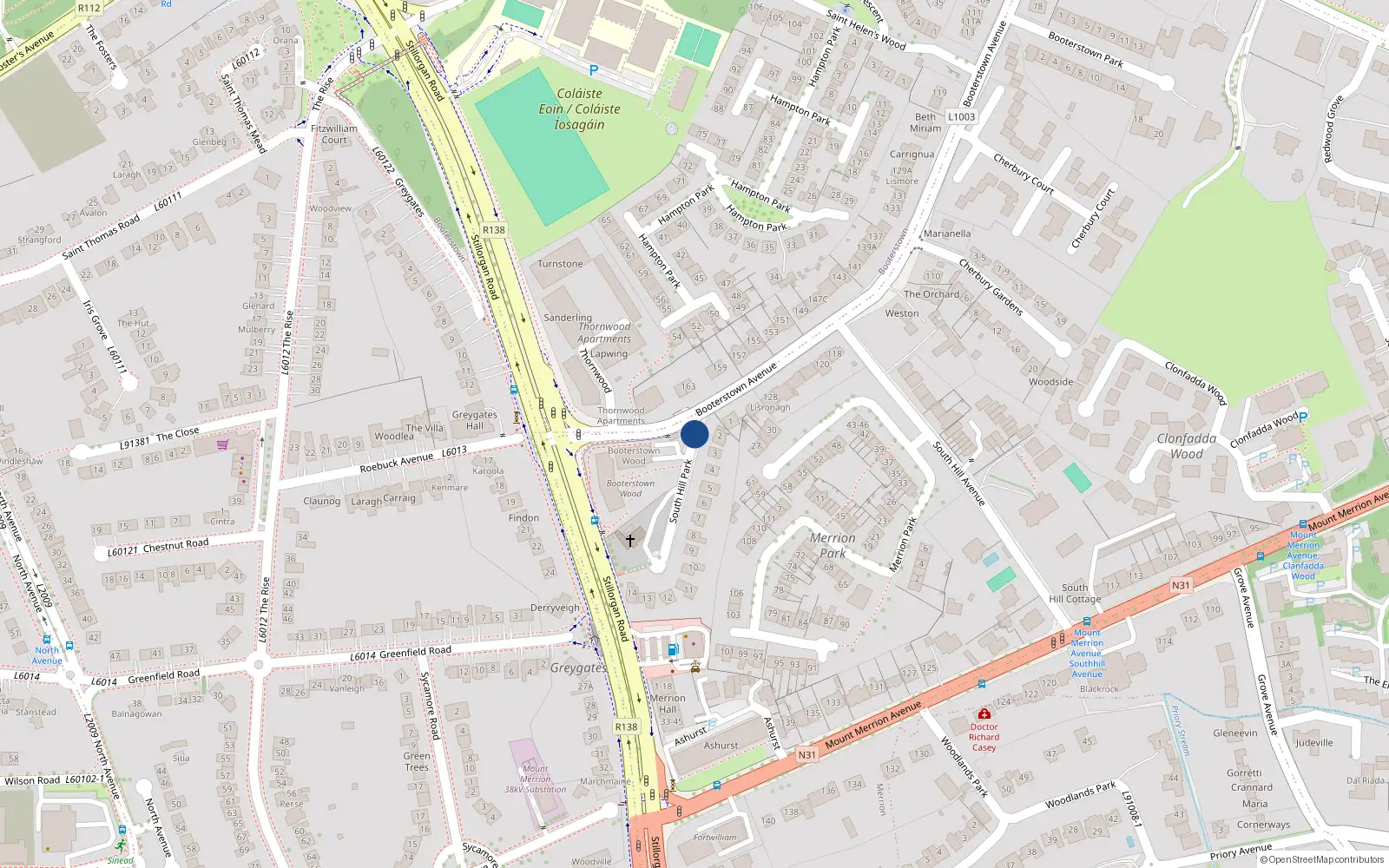 Overhead map showing the location of 14 South Hill Park, Blackrock