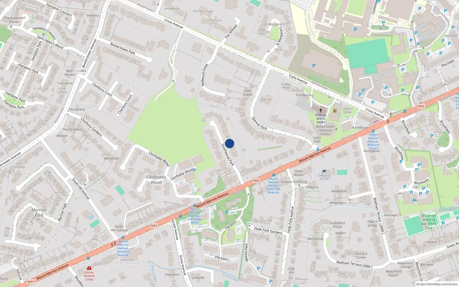 Overhead map showing the location of 14 Southwood Park, Blackrock, Dublin