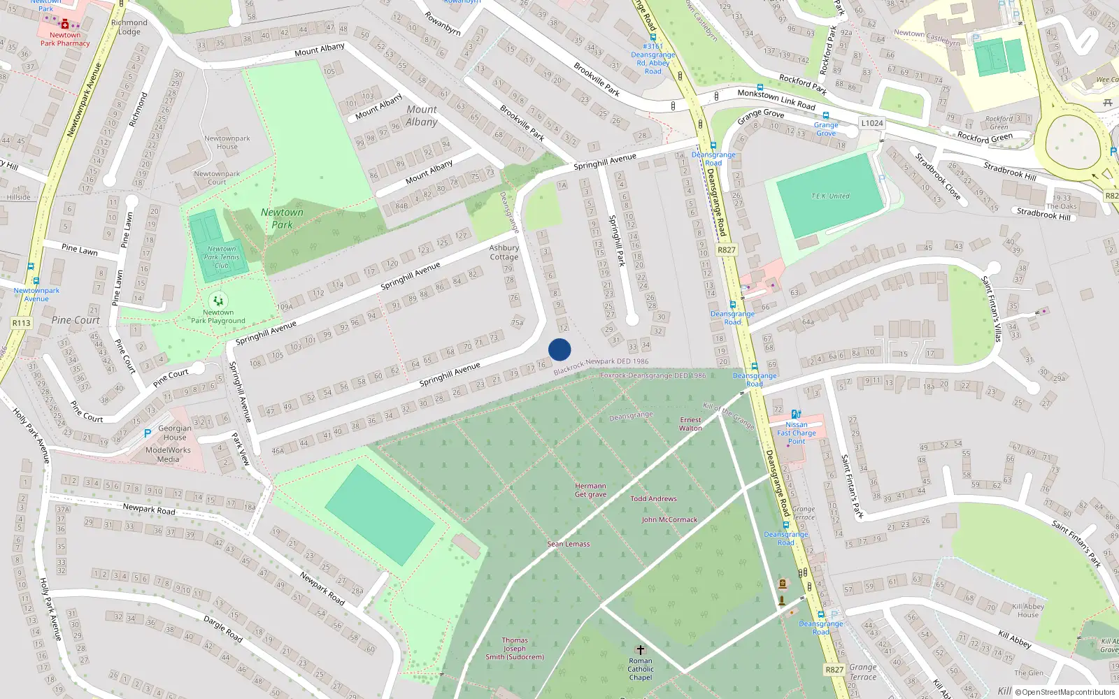 Overhead map showing the location of 14 Springhill Avenue, Blackrock, Dublin