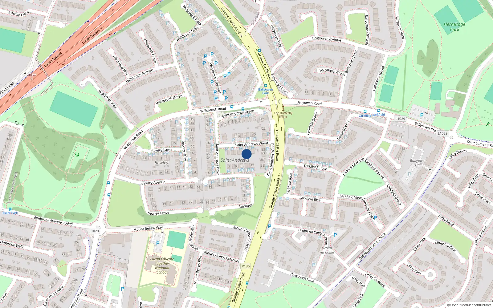 Overhead map showing the location of 14 St Andrews Wood, Lucan, Dublin