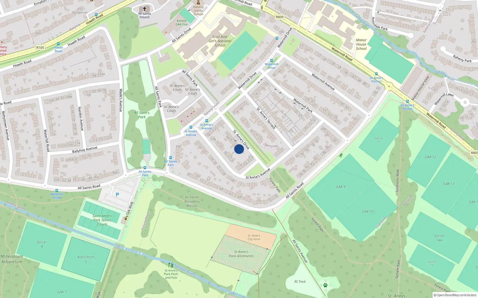 Overhead map showing the location of 14 St Annes Drive, Raheny, Dublin 5