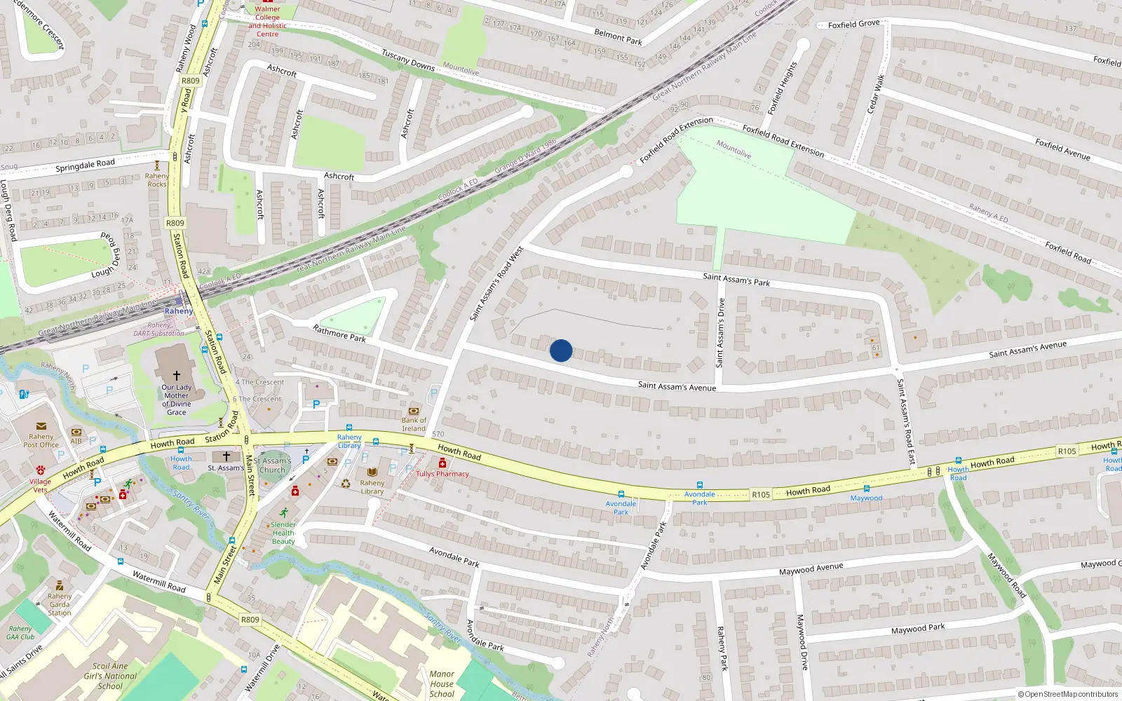 Overhead map showing the location of 14 St Assams Avenue, Raheny, Dublin 5
