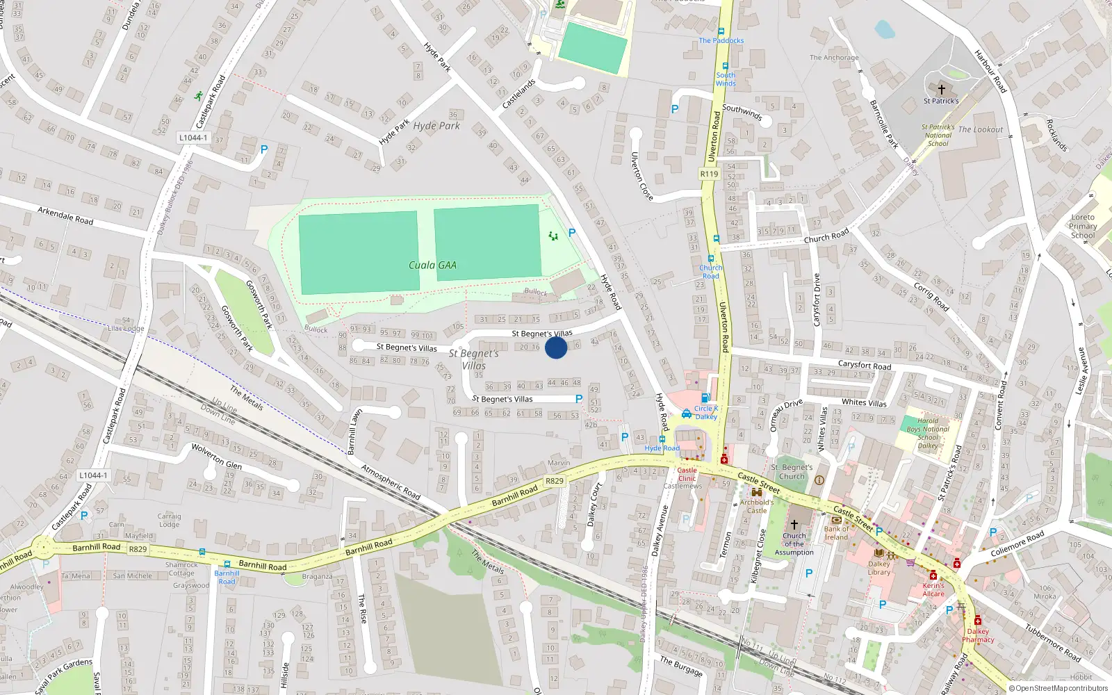 Overhead map showing the location of 14 Saint Begnet's Villas, Dalkey