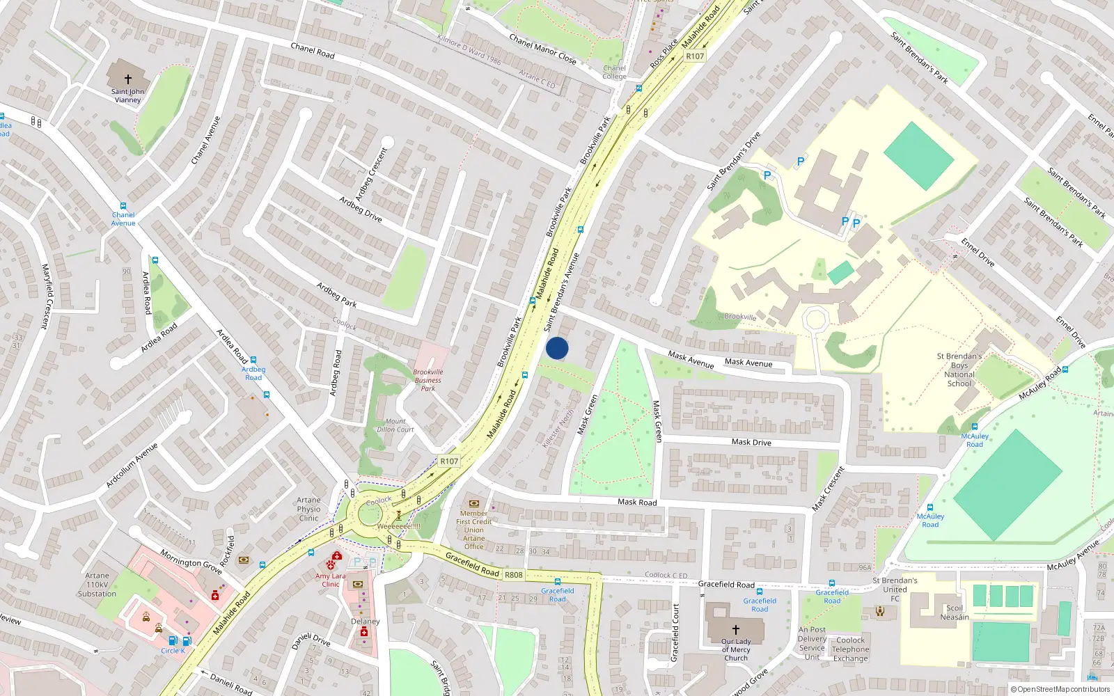 Overhead map showing the location of 14 St Brendans Avenue, Artane, Dublin