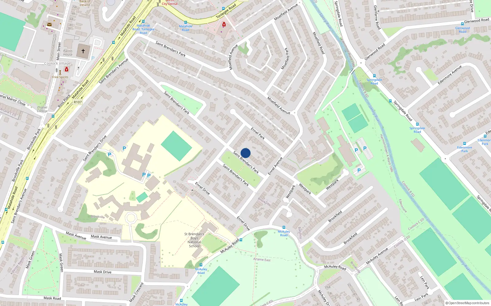 Overhead map showing the location of 14 St Brendans Park, Coolock, Dublin 5