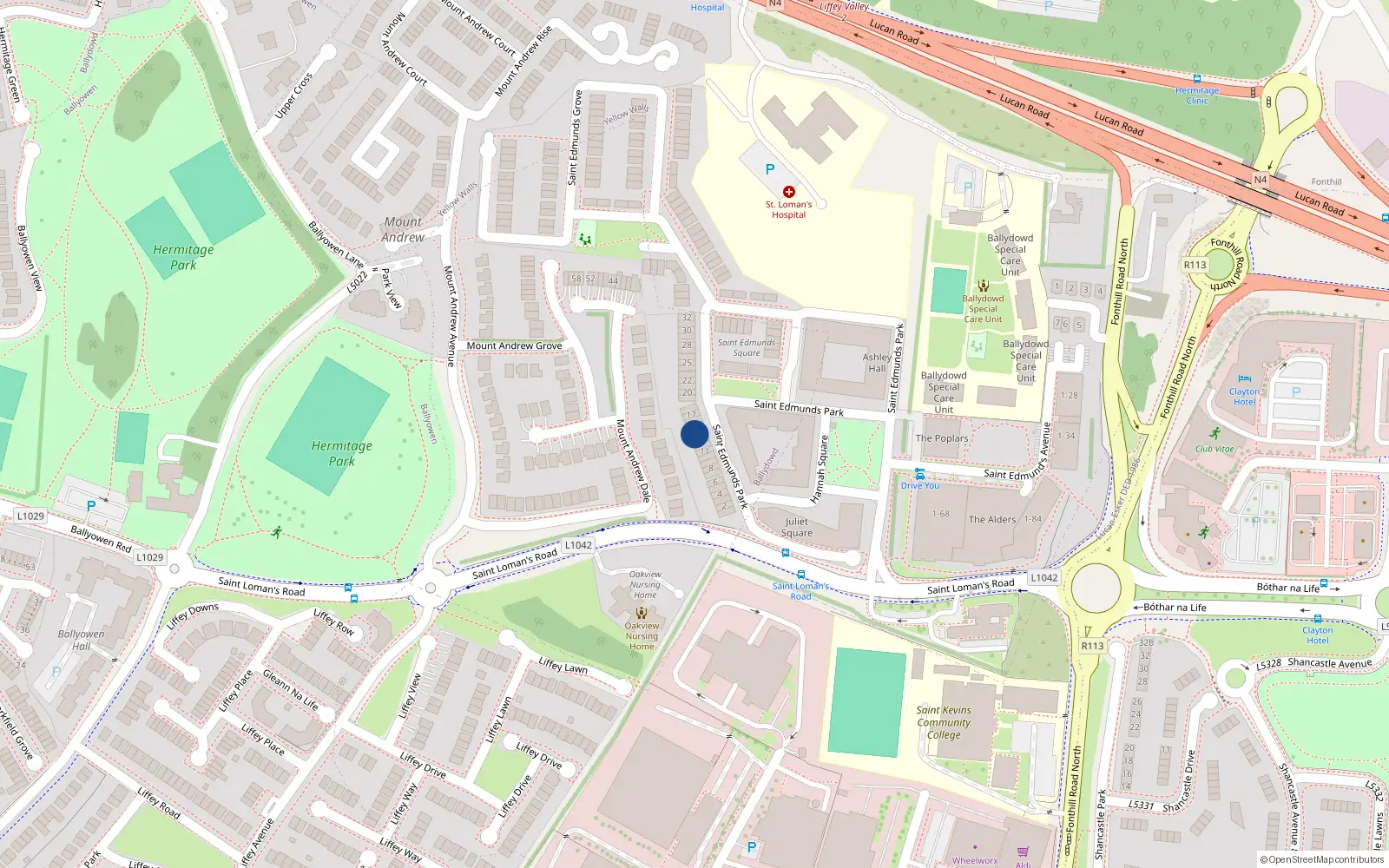 Overhead map showing the location of 14 St Edmunds Park, Lucan, Dublin