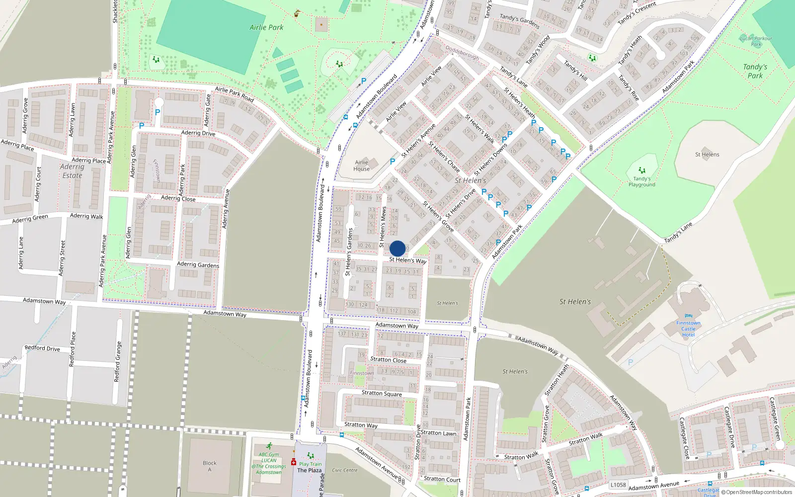 Overhead map showing the location of 14 St Helens Chase, Adamstown, Lucan