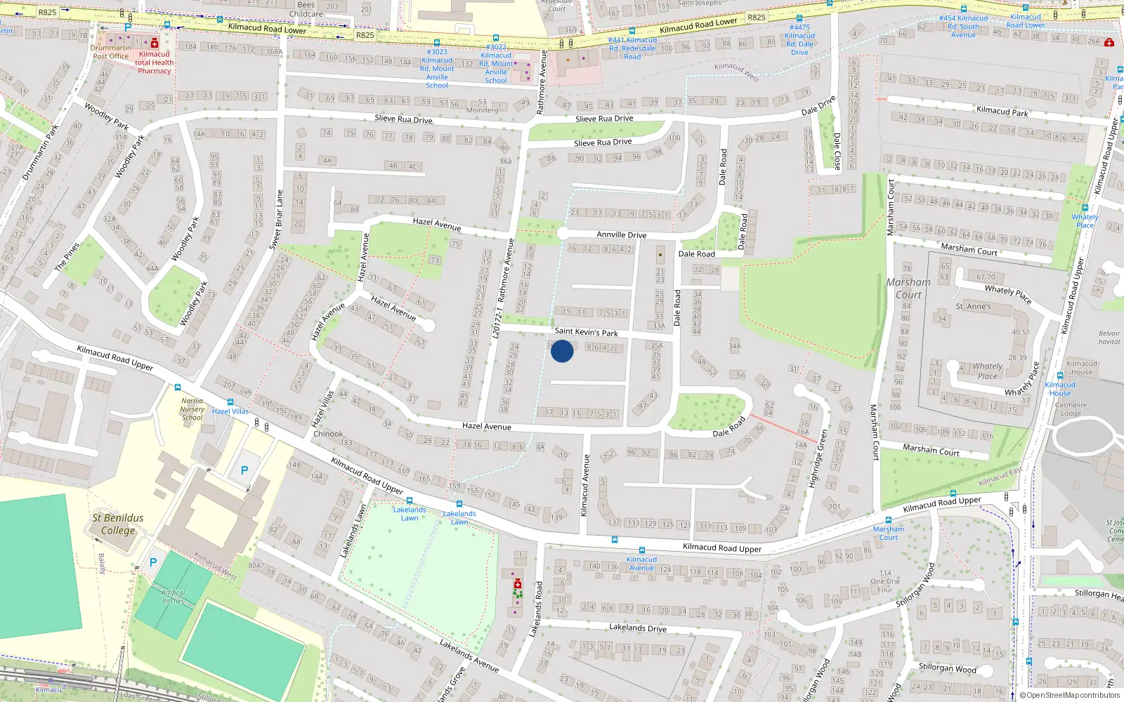 Overhead map showing the location of 14 St. Kevins Park, Stillorgan