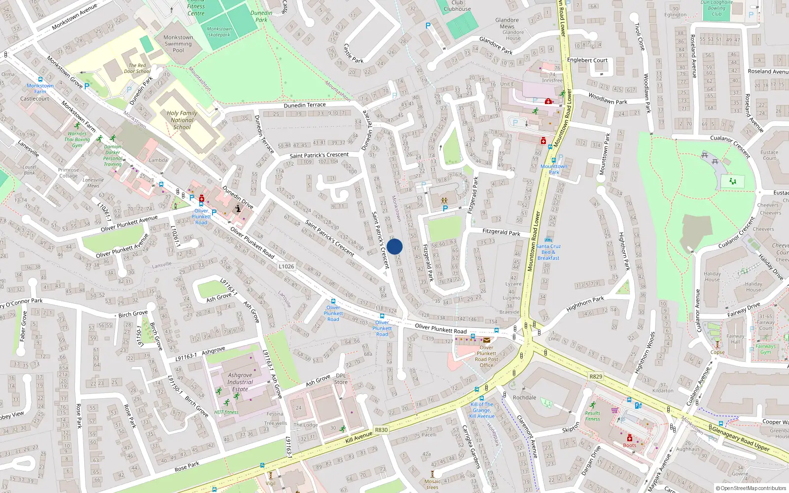 Overhead map showing the location of 14 St Patricks Crescent, Monkstown, Co. Dublin