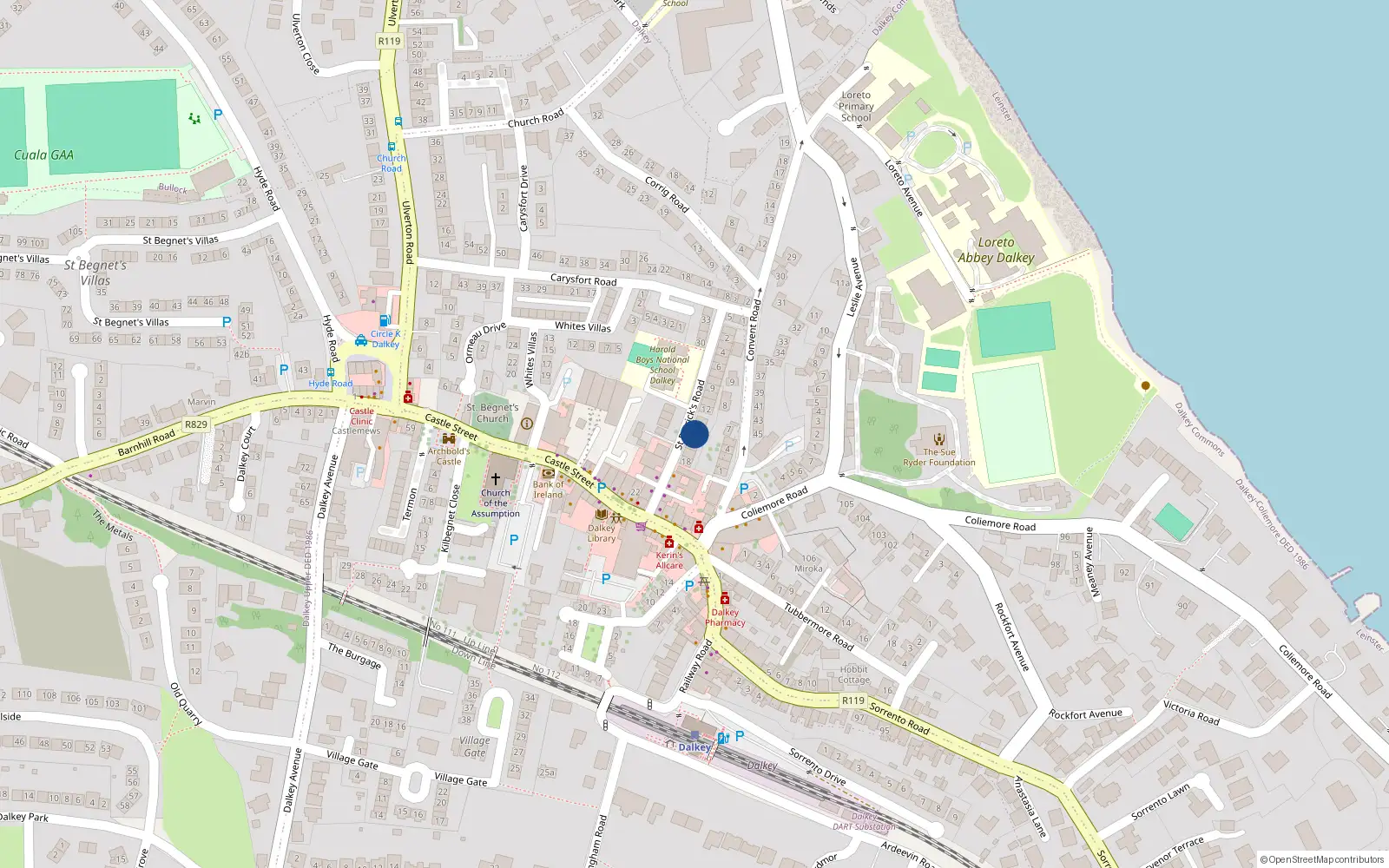 Overhead map showing the location of 14 St Patricks Road, Dalkey, Dublin