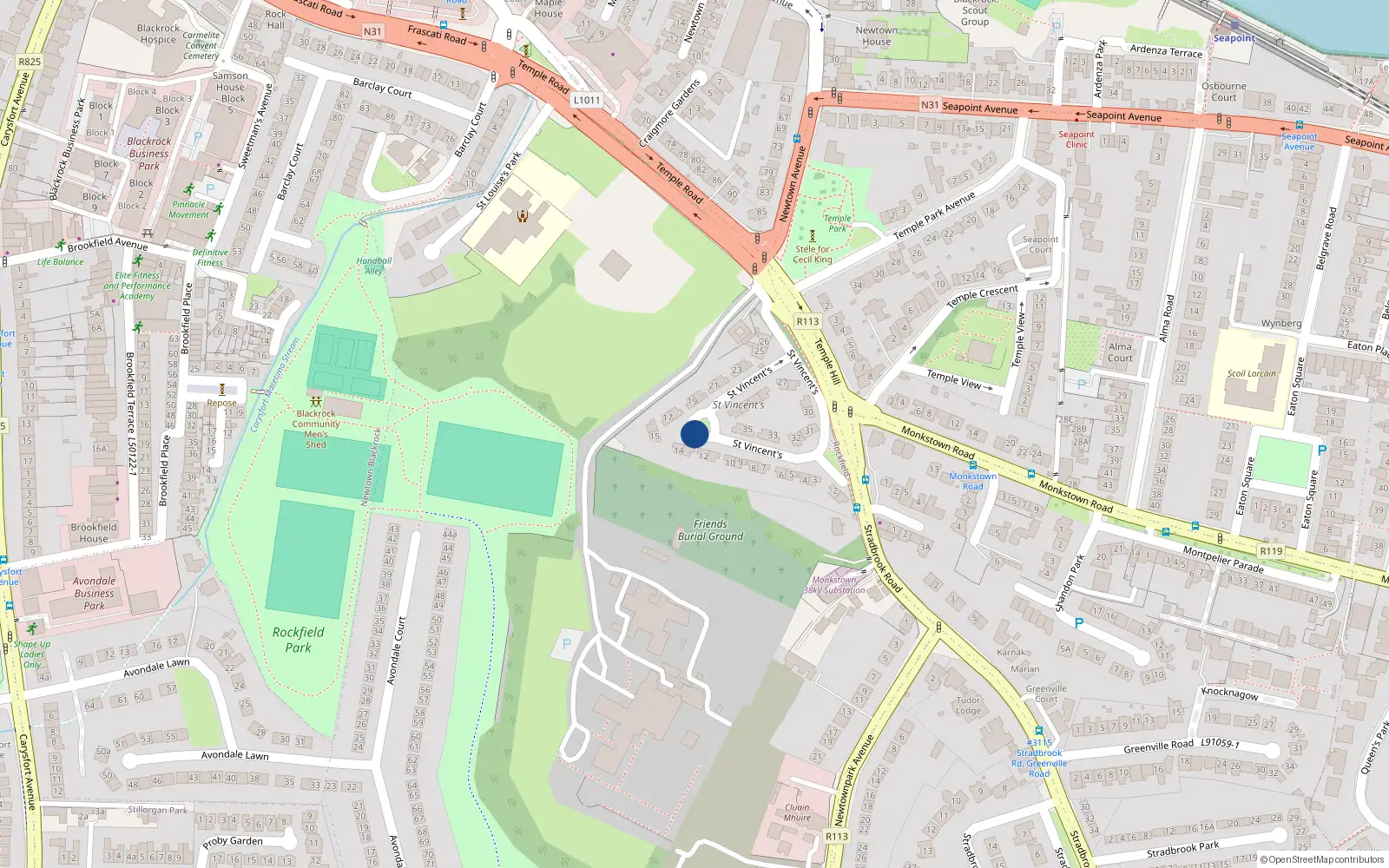 Overhead map showing the location of 14 St. Vincents Park, Templehill, Blackrock