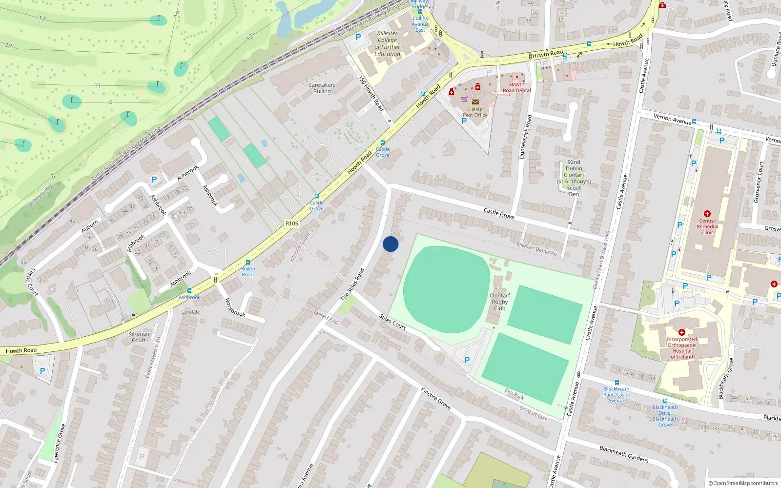 Overhead map showing the location of 14 Stiles Road, Clontarf, Dublin 3
