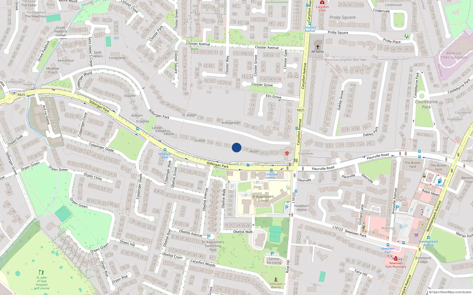 Overhead map showing the location of 14 Stillorgan Park, Blackrock, Dublin