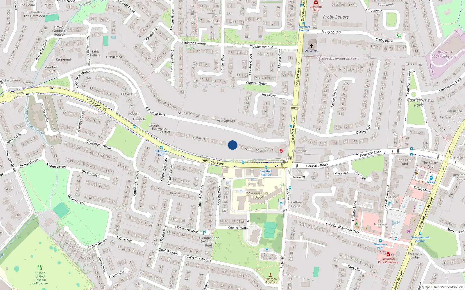 Overhead map showing the location of 14 Stillorgan Park, County Dublin