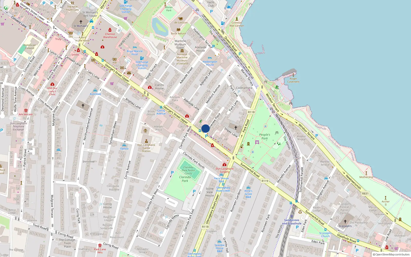 Overhead map showing the location of 14 Stone View Place, Dun Laoghaire, Dublin